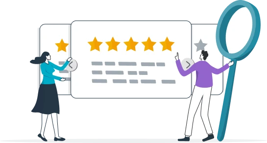 Ilustração de uma mulher (à esquerda) e um homem (à direita) segurando uma lupa e avaliando uma página online com 5 estrelas.